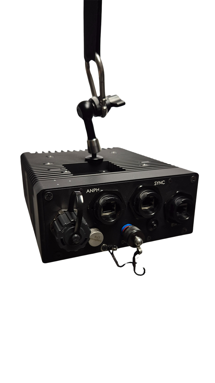 Rugged Fortis LiFi access point controller mounted on tactical adjustable arm.