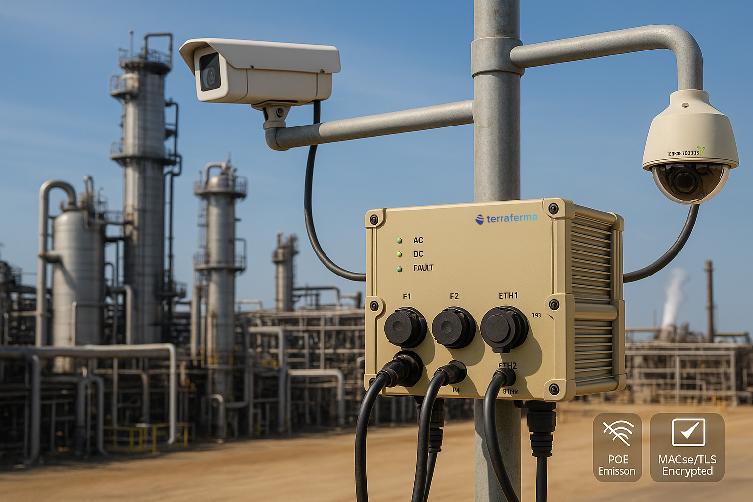 Terra Ferma PoE powering surveillance cameras in industrial chemical plant.