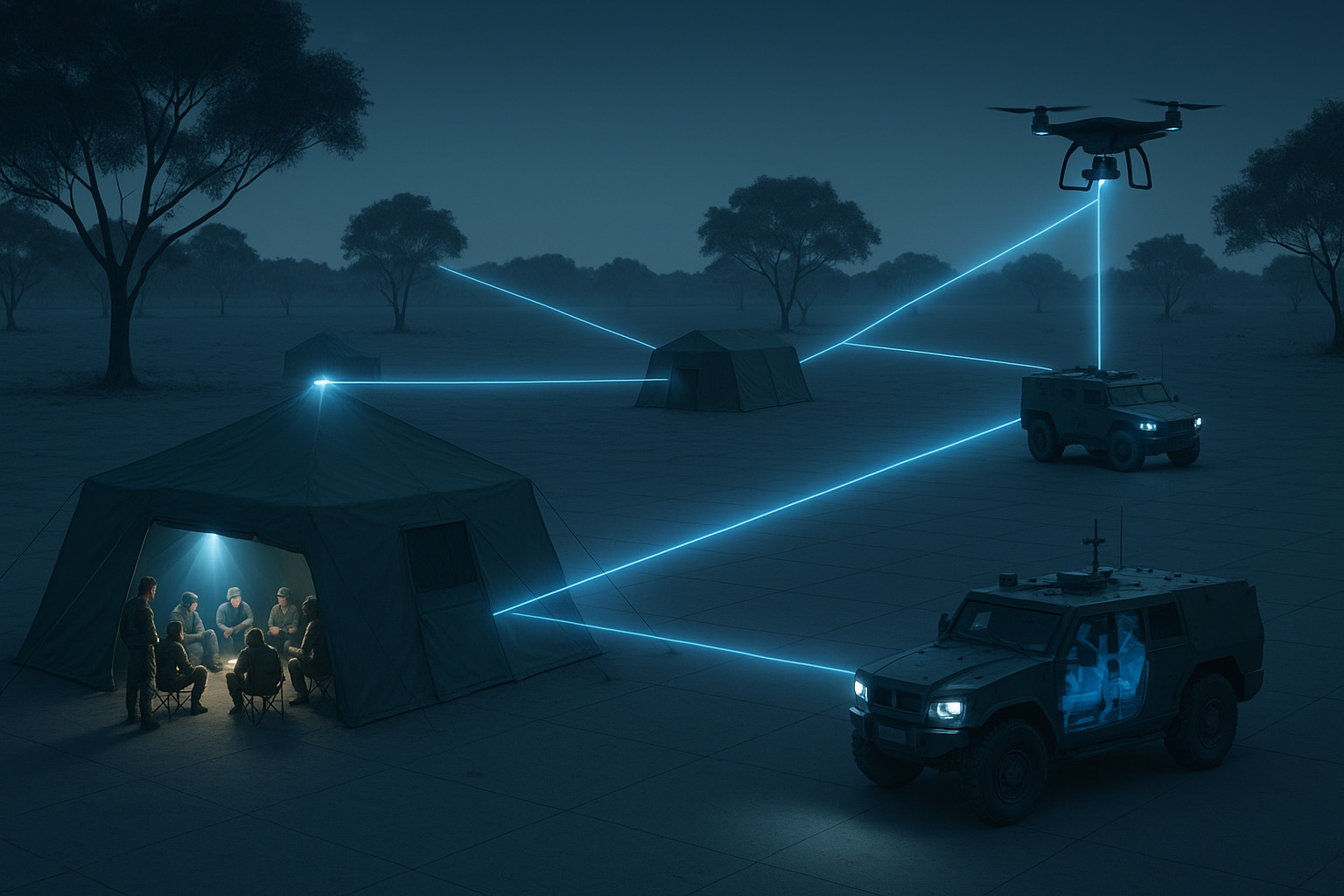 terra-ferma-lifi-secure-tactical-network Terra Ferma LiFi network linking vehicles, tents, and drones for tactical communication.