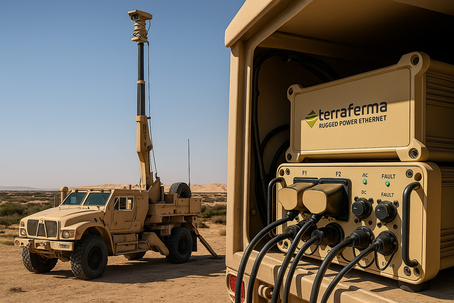 Terra Ferma PoE powering mast and sensors on military vehicle in desert operation.