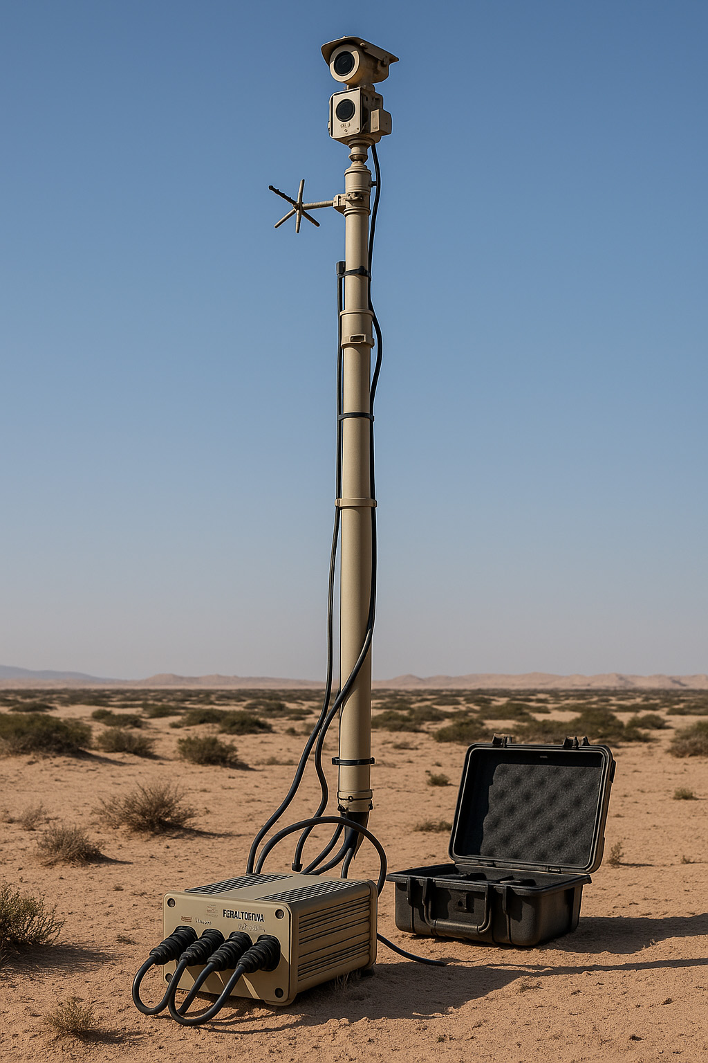 Rugged Terra Ferma PoE powering surveillance mast with cameras in desert field.